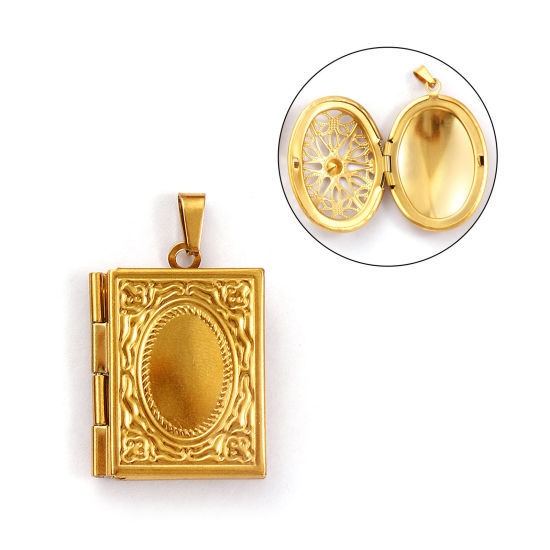 Immagine di 1 Pz Placcatura Sottovuoto Ecologica 304 Acciaio Inossidabile Istituto Gioielli Ciondoli con Medaglione Fotografico Placcato Oro 18K Libro Intagliato Possibile Aprire 3.2cm x 1.9cm