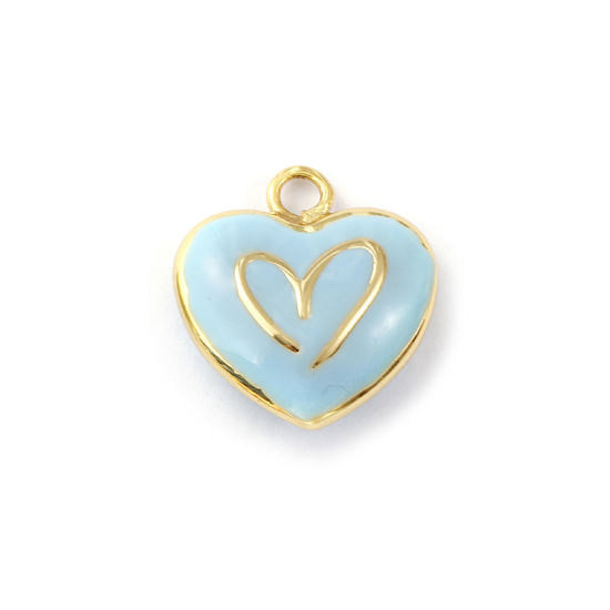 Изображение 1 ШТ Экологичный Латунь День святого Валентина Подвески 18K настоящее золото с покрытием Синий Сердце Двусторонняя эмаль 21мм x 20мм