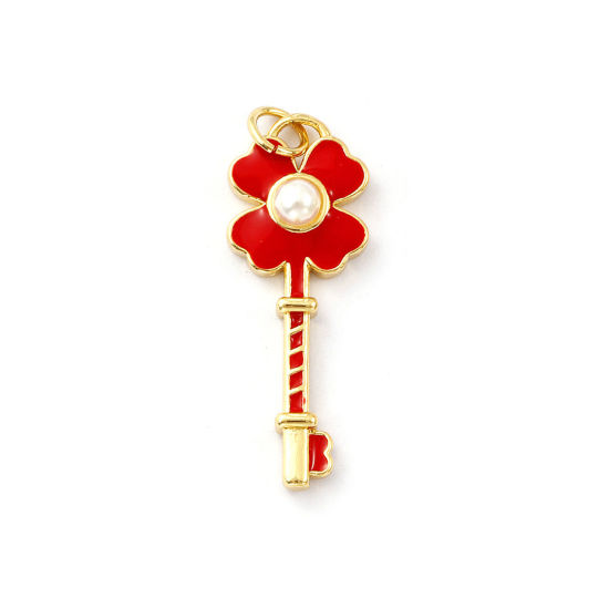 Immagine di 1 Pz Ecologico Ottone Ciondoli Pendenti 18K Vero Oro Placcato Rosso Smalto Chiave Foglia di Trifoglio Perla Imitato Acrilico 3.2cm x 1.1cm