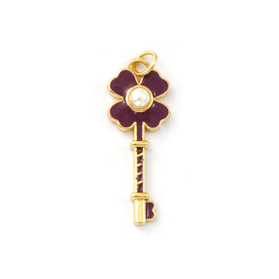 Immagine di 1 Pz Ecologico Ottone Ciondoli Pendenti 18K Vero Oro Placcato Colore Viola Smalto Chiave Foglia di Trifoglio Perla Imitato Acrilico 3.2cm x 1.1cm