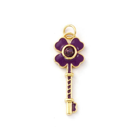 Image de 1 Pièce Pendentifs Respectueux de la Nature en Laiton Plaqué Or Véritable 18K Violet Émail Clé Trèfles à Zircone Cubique Pourpre 3.2cm x 1.1cm