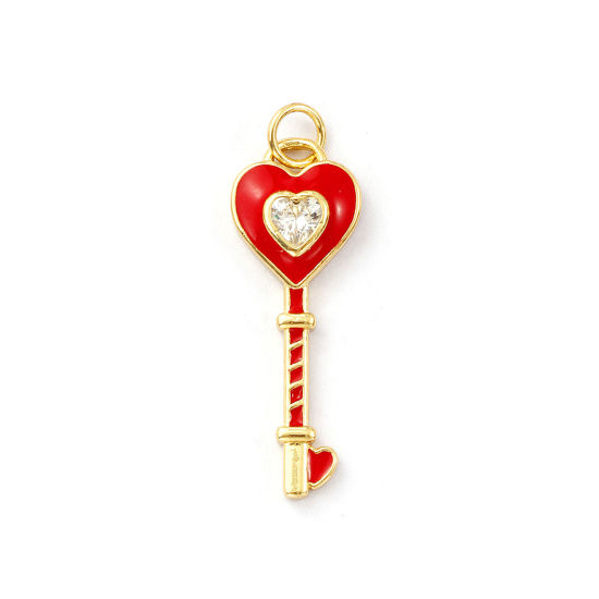 Immagine di 1 Pz Ecologico Ottone San Valentino Ciondoli 18K Vero Oro Placcato Rosso Smalto Chiave Cuore Trasparente Cubic Zirconiae 3.1cm x 1cm
