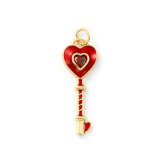 Immagine di 1 Pz Ecologico Ottone San Valentino Ciondoli 18K Vero Oro Placcato Rosso Smalto Chiave Cuore Rosso Cubic Zirconiae 3.1cm x 1cm