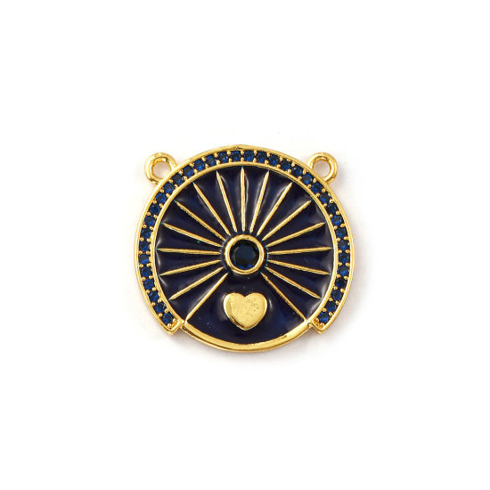 Immagine di 1 Pz Ecologico Ottone Pendenti Charms Connettori 18K Vero Oro Placcato Blu Scuro Smalto Tondo Cuore Micro Spianare Blu Scuro Cubic Zirconiae 21mm x 20mm