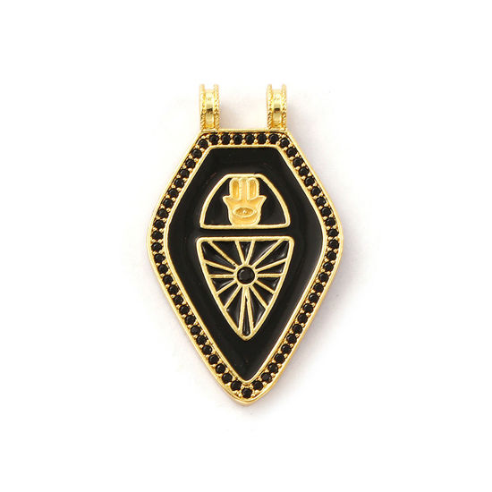 Immagine di 1 Pz Ecologico Ottone Religione Ciondoli Pendenti 18K Vero Oro Placcato Nero Smalto Pentagono Mano Simbolo di Hamsa Micro Spianare Nero Cubic Zirconiae 3.5cm x 2.1cm