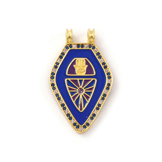 Immagine di 1 Pz Ecologico Ottone Religione Ciondoli Pendenti 18K Vero Oro Placcato Blu Scuro Smalto Pentagono Mano Simbolo di Hamsa Micro Spianare Blu Scuro Cubic Zirconiae 3.5cm x 2.1cm