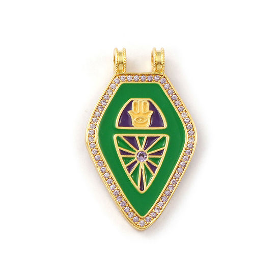 Immagine di 1 Pz Ecologico Ottone Religione Ciondoli Pendenti 18K Vero Oro Placcato Verde Smalto Pentagono Mano Simbolo di Hamsa Micro Spianare Viola Pallido Cubic Zirconiae 3.5cm x 2.1cm