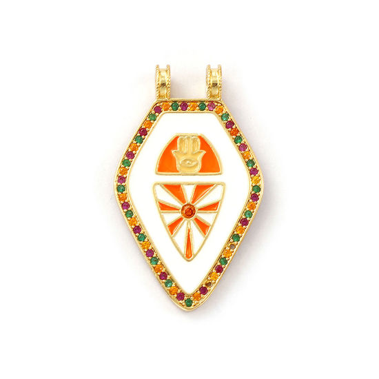 Immagine di 1 Pz Ecologico Ottone Religione Ciondoli Pendenti 18K Vero Oro Placcato Bianco Smalto Pentagono Mano Simbolo di Hamsa Micro Spianare Multicolore Cubic Zirconiae 3.5cm x 2.1cm