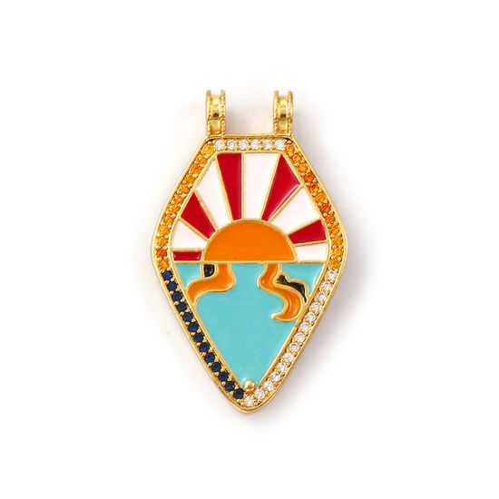 Immagine di 1 Pz Ecologico Ottone Galassia Ciondoli Pendenti 18K Vero Oro Placcato Multicolore Smalto Pentagono Sole Micro Spianare Multicolore Cubic Zirconiae 3.5cm x 2.1cm