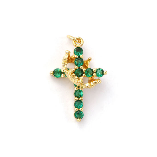 Изображение 1 ШТ Экологичный Латунь религия Подвески 18K настоящее золото с покрытием Крест Корона Бижутерия усыпанная мелким фианит Зеленый Искусственный Циркон 29мм x 18мм