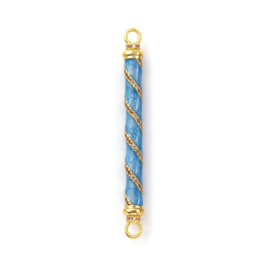 Immagine di 1 Pz Ecologico Ottone Pendenti Charms Connettori 18K Vero Oro Placcato Blu Smalto Cilindrico Spirale Micro Spianare Trasparente Cubic Zirconiae 6cm x 0.6cm