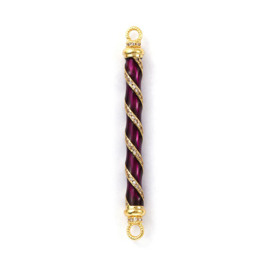 Immagine di 1 Pz Ecologico Ottone Pendenti Charms Connettori 18K Vero Oro Placcato Viola Scuro Smalto Cilindrico Spirale Micro Spianare Trasparente Cubic Zirconiae 6cm x 0.6cm