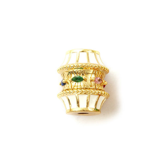 Bild von 1 Stück Umweltfreundlich Messing Perlen zur DIY-Schmuckherstellung 18K Echtgold plattiert Weiß Trommel Emaille Bunt Zirkonia 19mm x 16mm, Loch: ca. 3mm