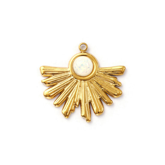 Immagine di 2 Pz Placcatura Sottovuoto PVD Ecologica 304 Acciaio Inossidabile Ciondoli Placcato Oro 18K Bianco A Forma di Ventagli Opale Imitazione 26mm x 25mm