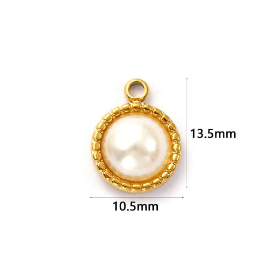 Immagine di 2 Pz Placcatura Sottovuoto PVD Ecologica 304 Acciaio Inossidabile Geometrico Ciondoli Placcato Oro 18K Bianco Tondo Perla Imitato Acrilico 13.5mm x 10.5mm