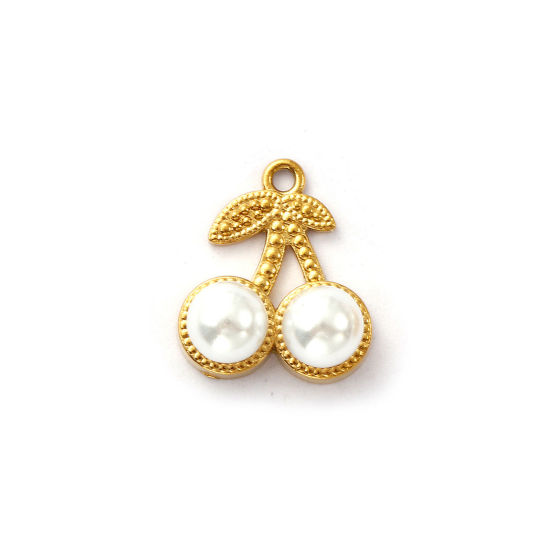 Immagine di 2 Pz Placcatura Sottovuoto PVD Ecologica 304 Acciaio Inossidabile Ciondoli Placcato Oro 18K Bianco Ciliegia Perla Imitato Acrilico 13.5mm x 12mm