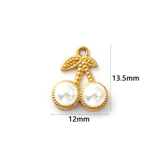 Immagine di 2 Pz Placcatura Sottovuoto PVD Ecologica 304 Acciaio Inossidabile Ciondoli Placcato Oro 18K Bianco Ciliegia Perla Imitato Acrilico 13.5mm x 12mm