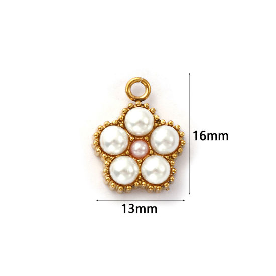 Immagine di 2 Pz Placcatura Sottovuoto PVD Ecologica 304 Acciaio Inossidabile Ciondoli Placcato Oro 18K Bianco Fiore Perla Imitato Acrilico 16mm x 13mm