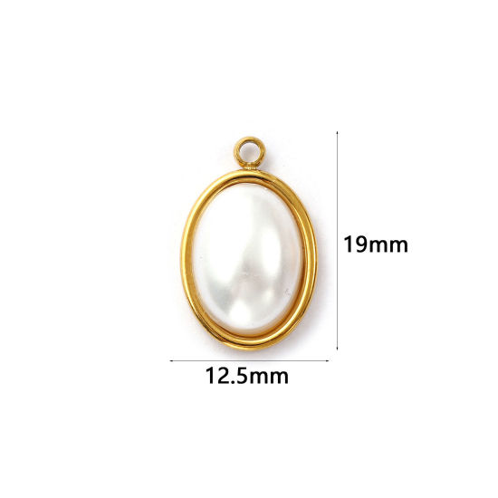 Immagine di 2 Pz Placcatura Sottovuoto PVD Ecologica 304 Acciaio Inossidabile Geometrico Ciondoli Placcato Oro 18K Bianco Ovale Perla Imitato Acrilico 19mm x 12.5mm