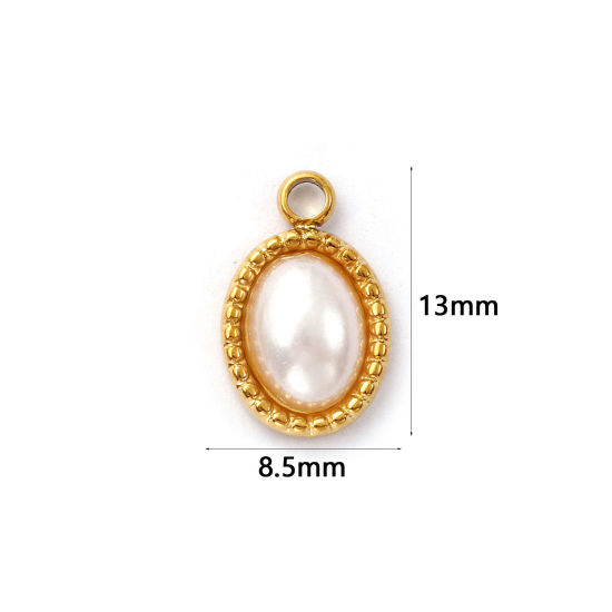 Immagine di 2 Pz Placcatura Sottovuoto PVD Ecologica 304 Acciaio Inossidabile Geometrico Ciondoli Placcato Oro 18K Bianco Ovale Perla Imitato Acrilico 13mm x 8.5mm