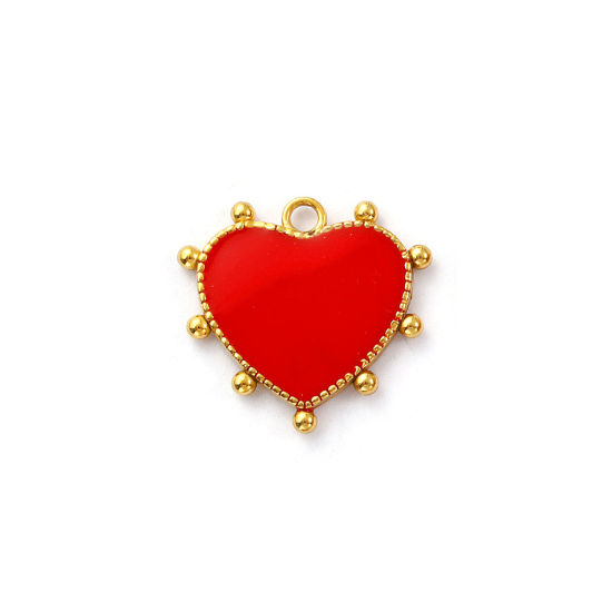 Изображение 2 ШТ Экологичное вакуумное PVD-покрытие 304 Нержавеющая Сталь День святого Валентина Подвески 18K настоящее золото с покрытием Красный С Эмалью Сердце 18мм x 16мм