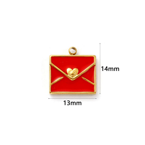 Изображение 2 ШТ Экологичное вакуумное PVD-покрытие 304 Нержавеющая Сталь День святого Валентина Подвески 18K настоящее золото с покрытием Красный С Эмалью Конверт Сердце 14мм x 13мм