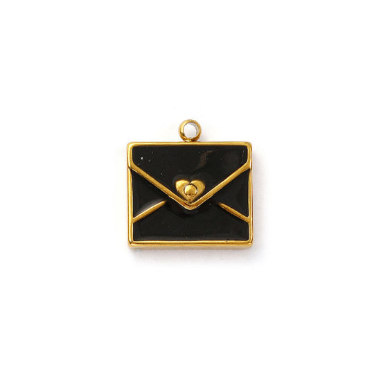 Изображение 2 ШТ Экологичное вакуумное PVD-покрытие 304 Нержавеющая Сталь День святого Валентина Подвески 18K настоящее золото с покрытием Черный С Эмалью Конверт Сердце 14мм x 13мм
