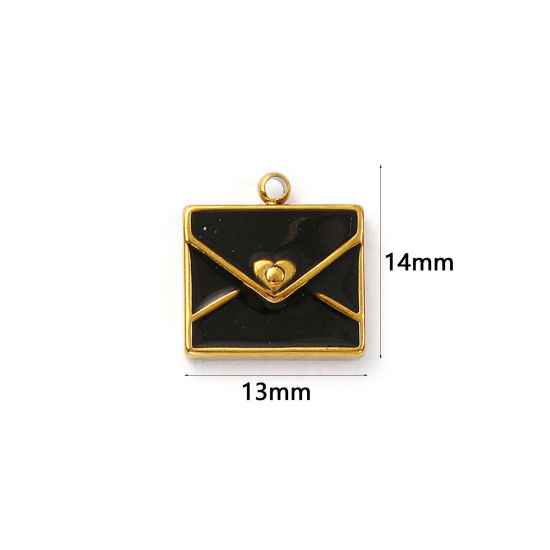 Изображение 2 ШТ Экологичное вакуумное PVD-покрытие 304 Нержавеющая Сталь День святого Валентина Подвески 18K настоящее золото с покрытием Черный С Эмалью Конверт Сердце 14мм x 13мм