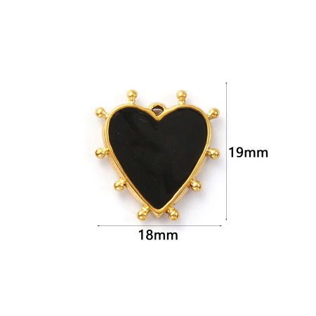 Picture of 2 PCs Eco-friendly PVD Vacuum Plating Waterproof Anti-Tarnish Hypoallergenic 304 Stainless Steel Valentine's Day Charms 18K Real Gold Plated Black Enamel Heart 19mm x 18mm