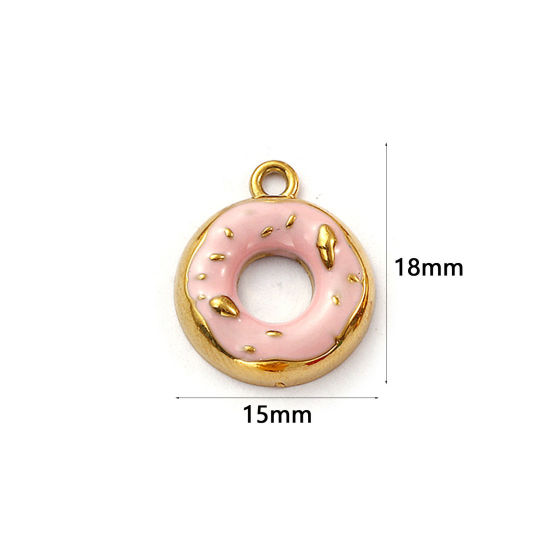 Изображение 2 ШТ Экологичное вакуумное PVD-покрытие 304 Нержавеющая Сталь Подвески 18K настоящее золото с покрытием Розовый С Эмалью Пончик 18мм x 15мм