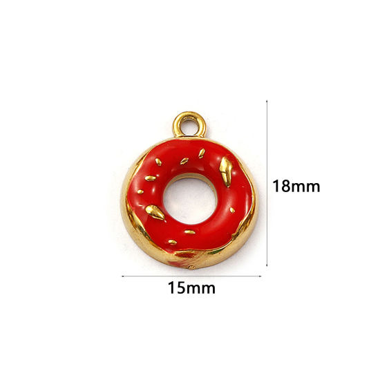 Изображение 2 ШТ Экологичное вакуумное PVD-покрытие 304 Нержавеющая Сталь Подвески 18K настоящее золото с покрытием Красный С Эмалью Пончик 18мм x 15мм