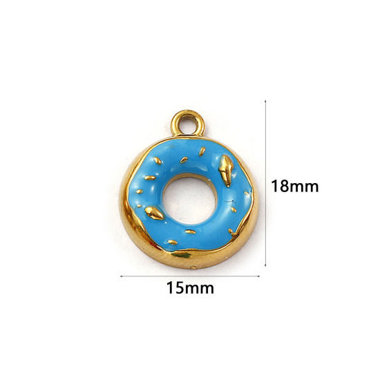 Изображение 2 ШТ Экологичное вакуумное PVD-покрытие 304 Нержавеющая Сталь Подвески 18K настоящее золото с покрытием Синий С Эмалью Пончик 18мм x 15мм