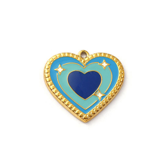 Изображение 2 ШТ Экологичное вакуумное PVD-покрытие 304 Нержавеющая Сталь День святого Валентина Подвески 18K настоящее золото с покрытием Темно-синий С Эмалью Сердце Звезда 25мм x 24мм