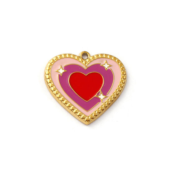 Изображение 2 ШТ Экологичное вакуумное PVD-покрытие 304 Нержавеющая Сталь День святого Валентина Подвески 18K настоящее золото с покрытием Красный С Эмалью Сердце Звезда 25мм x 24мм