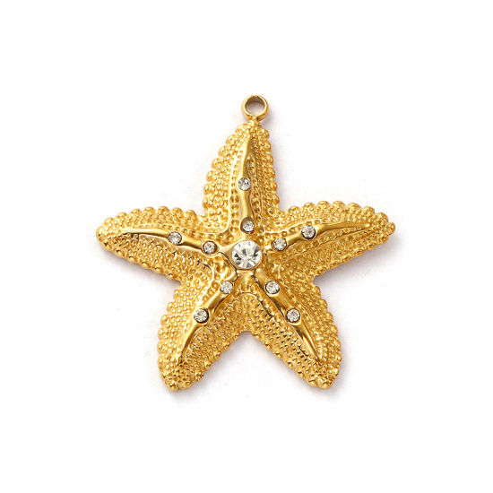 Immagine di 1 Pz Placcatura Sottovuoto PVD Ecologica 304 Acciaio Inossidabile Gioielli Oceanici Ciondoli Pendenti 18K Vero Oro Placcato Stella di Mare Micro Spianare Trasparente Cubic Zirconiae 3.2cm x 3.1cm