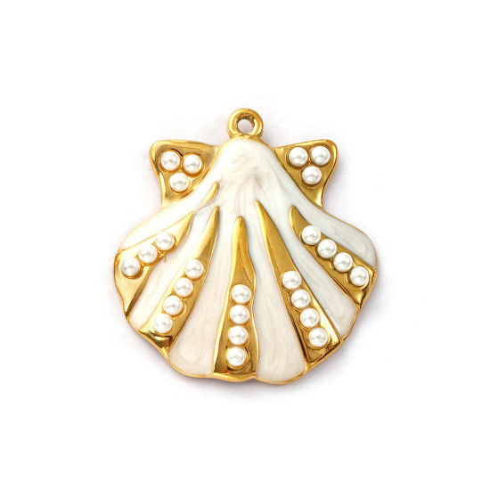 Immagine di 1 Pz Placcatura Sottovuoto PVD Ecologica 304 Acciaio Inossidabile Ciondoli Pendenti 18K Vero Oro Placcato Bianco Smalto Conchiglia Perla Imitato Acrilico 3.6cm x 3.4cm