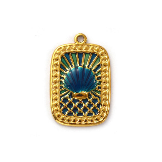 Изображение 1 ШТ Экологичное вакуумное PVD-покрытие 304 Нержавеющая Сталь Подвески 18K настоящее золото с покрытием Темно-синий С Эмалью Прямоугольник Перламутр 28мм x 18мм