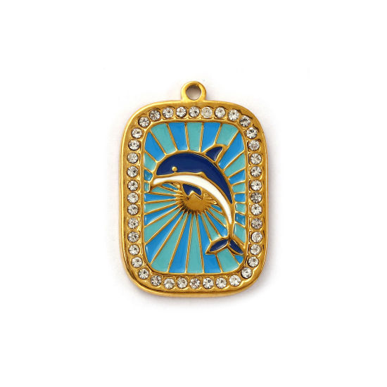 Изображение 1 ШТ Экологичное вакуумное PVD-покрытие 304 Нержавеющая Сталь Морские Украшения Подвески 18K настоящее золото с покрытием Разноцветный С Эмалью Прямоугольник Дельфин Прозрачный Искусственный Циркон 27мм x 19мм