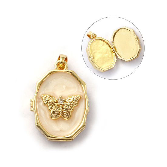 Изображение 1 ШТ Экологичный Латунь Рамка медальон подвеска 18K настоящее золото с покрытием Оff-Белый С Эмалью Овальные Бабочка Можно Открыть Прозрачный Искусственный Циркон 25мм x 15мм