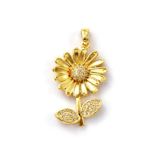Изображение 2 ШТ Экологичный Латунь Подвески 18K настоящее золото с покрытием Маргаритка Бижутерия усыпанная мелким фианит Прозрачный Искусственный Циркон 3.2см x 1.8см