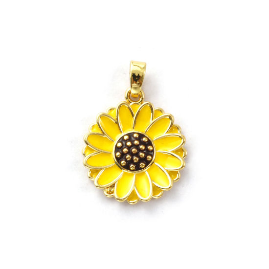 Изображение 2 ШТ Экологичный Латунь Подвески 18K настоящее золото с покрытием Желтый С Эмалью Маргаритка 24мм x 17мм