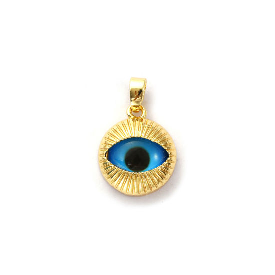 Image de 2 Pcs Pendentif Breloque Respectueux de la Nature en Laiton Plaqué Or Véritable 18K Bleu Rond Yeux 20mm x 13mm