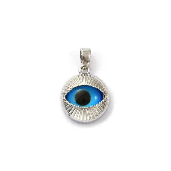 Image de 2 Pcs Pendentif Breloque Respectueux de la Nature en Laiton Plaqué Platine Véritable Bleu Rond Yeux 20mm x 13mm