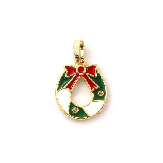 Immagine di 2 Pz Ecologico Ottone Ciondoli Pendenti 18K Vero Oro Placcato Rosso Smalto Corona di Natale 25mm x 16mm