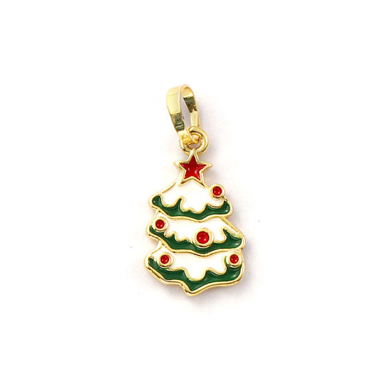 Immagine di 2 Pz Ecologico Ottone Ciondoli Pendenti 18K Vero Oro Placcato Verde Smalto Albero di Natale 26mm x 12mm