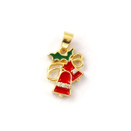 Immagine di 2 Pz Ecologico Ottone Ciondoli Pendenti 18K Vero Oro Placcato Rosso Smalto Natale Jingling Campanello Trasparente Cubic Zirconiae 24mm x 14mm