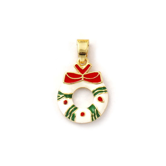 Immagine di 2 Pz Ecologico Ottone Ciondoli Pendenti 18K Vero Oro Placcato Rosso Smalto Corona di Natale 24mm x 14.5mm