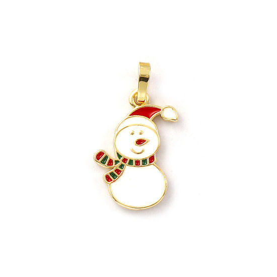 Immagine di 2 Pz Ecologico Ottone Ciondoli Pendenti 18K Vero Oro Placcato Bianco Smalto Pupazzo Natale 27mm x 15mm