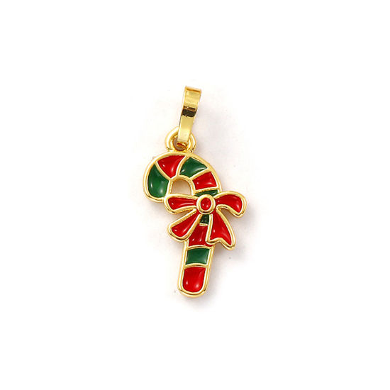 Immagine di 2 Pz Ecologico Ottone Ciondoli Pendenti 18K Vero Oro Placcato Rosso Smalto Gruccia di Zucchero di Natale 26mm x 12mm