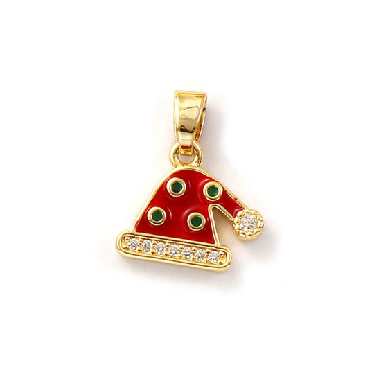 Immagine di 2 Pz Ecologico Ottone Ciondoli Pendenti 18K Vero Oro Placcato Rosso Smalto Cappelli di Natale Micro Spianare Trasparente Cubic Zirconiae 19mm x 16mm